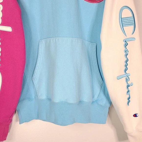 Champion Men Reverse Weave Color Block Hoodie MED Pink Blue White Bold Spell Out - Picture 5 of 12